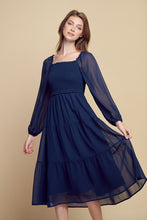 Load image into Gallery viewer, Navy Smocked Top Midi Dress