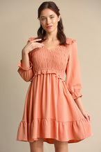 Load image into Gallery viewer, Peach Solid Textured Woven Smocked Bodice Dress