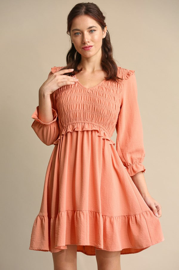 Peach Solid Textured Woven Smocked Bodice Dress