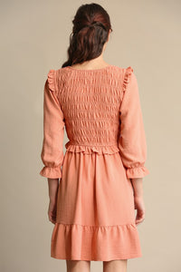 Peach Solid Textured Woven Smocked Bodice Dress