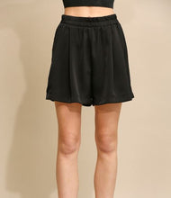Load image into Gallery viewer, Black Pleated Wide Leg and Elastic Waist Satin Shorts