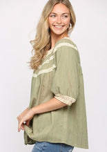 Load image into Gallery viewer, Olive Lace Trimmed Top
